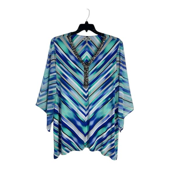 JM Collection Women's 3X Blue Tunic Blouse Chiffon Beaded V Neck Evening Out - Picture 3 of 9